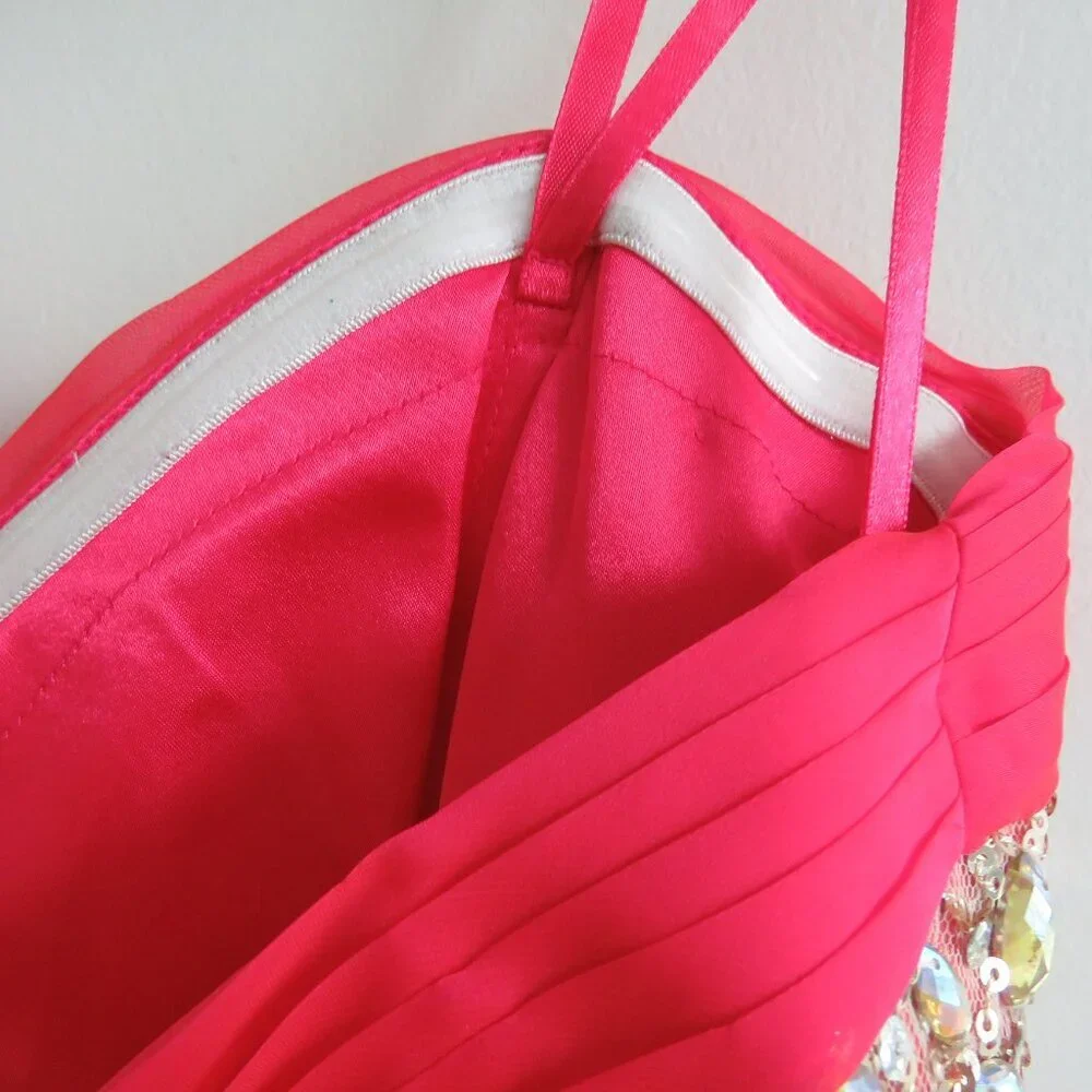 LA FEMME 18733 Beaded Bodice Chiffon Strapless Maxi Prom Dress Watermelon 4 NWT - Picture 12 of 15